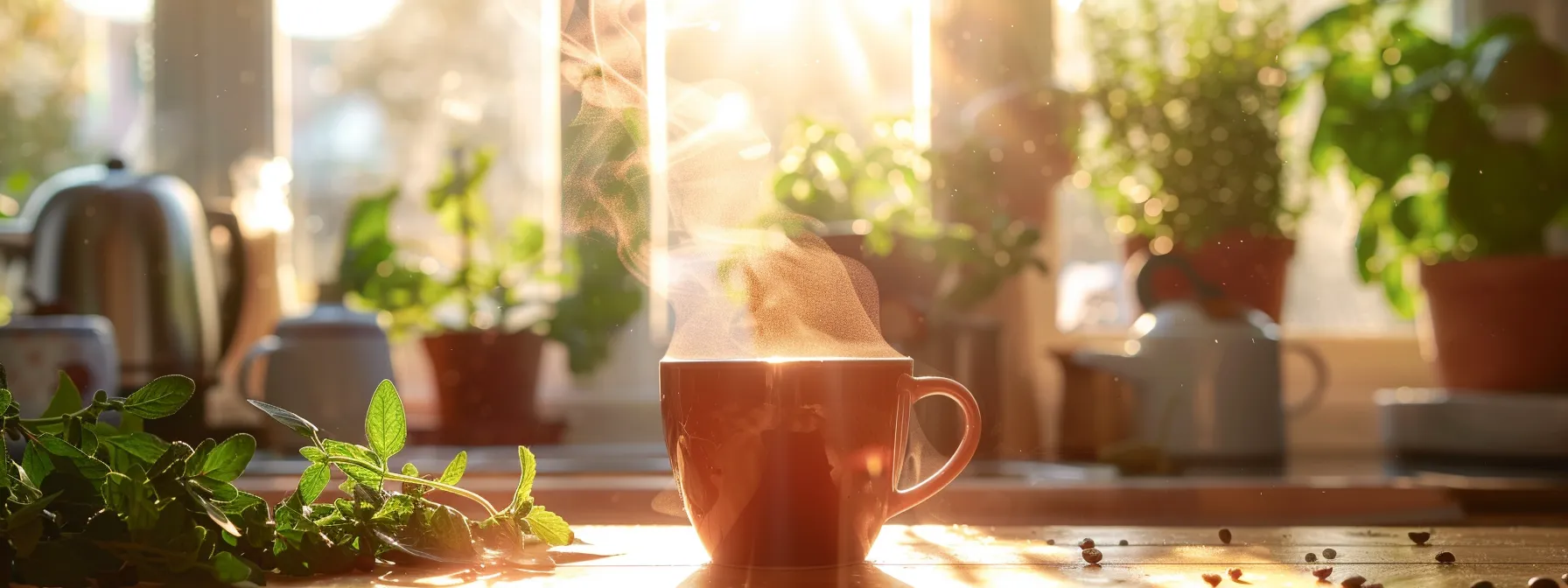 a vibrant kitchen scene showcases a steaming cup of rich, chocolate-hued mushroom coffee, with a backdrop of fresh herbs and sunlight streaming through a window, symbolizing a healthier, energy-boosting morning ritual.