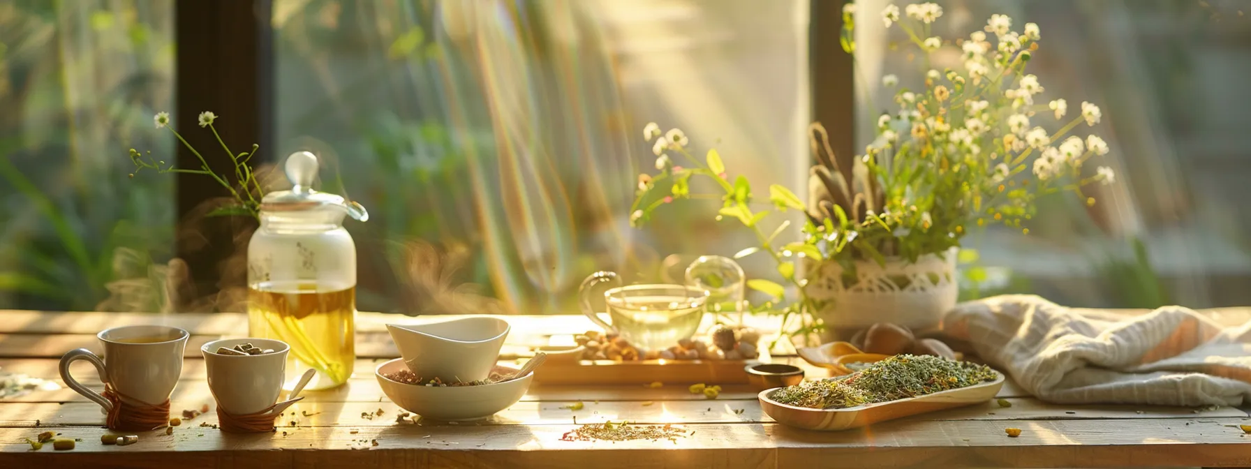 a vibrant morning setting featuring an inviting display of herbal tea, yerba mate, and reishi supplements artfully arranged on a wooden table, bathed in soft, warm sunlight that highlights the smooth textures and rich colors, symbolizing a peaceful transition away from traditional coffee.