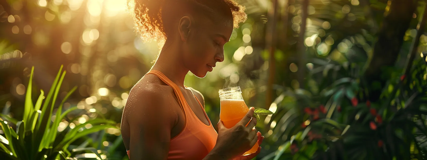 a vibrant outdoor scene depicting a healthy athlete preparing a colorful electrolyte drink amidst lush greenery, emphasizing hydration and active lifestyle.