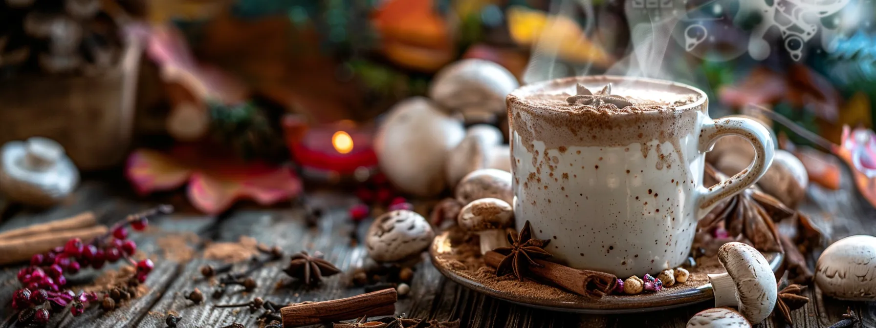 a vibrant, steaming cup of rich mushroom hot cocoa is elegantly presented atop a rustic wooden table, surrounded by a scattering of colorful mushrooms, spices, and earthy natural elements, with soft, warm lighting that enhances the inviting atmosphere.