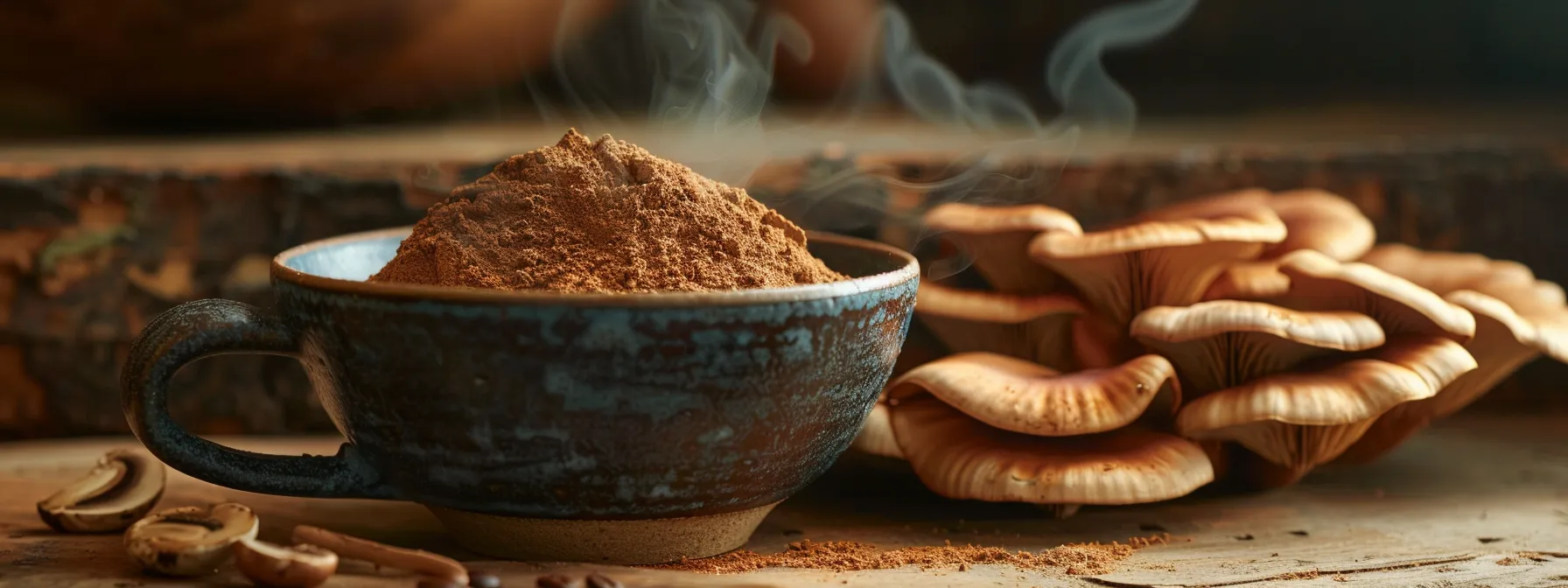 a vibrant still life featuring a delicate bowl of organic reishi mushroom powder surrounded by fresh mushrooms and a steaming cup of rich mushroom chicory coffee, illuminated by warm, natural light to evoke a sense of health and vitality.