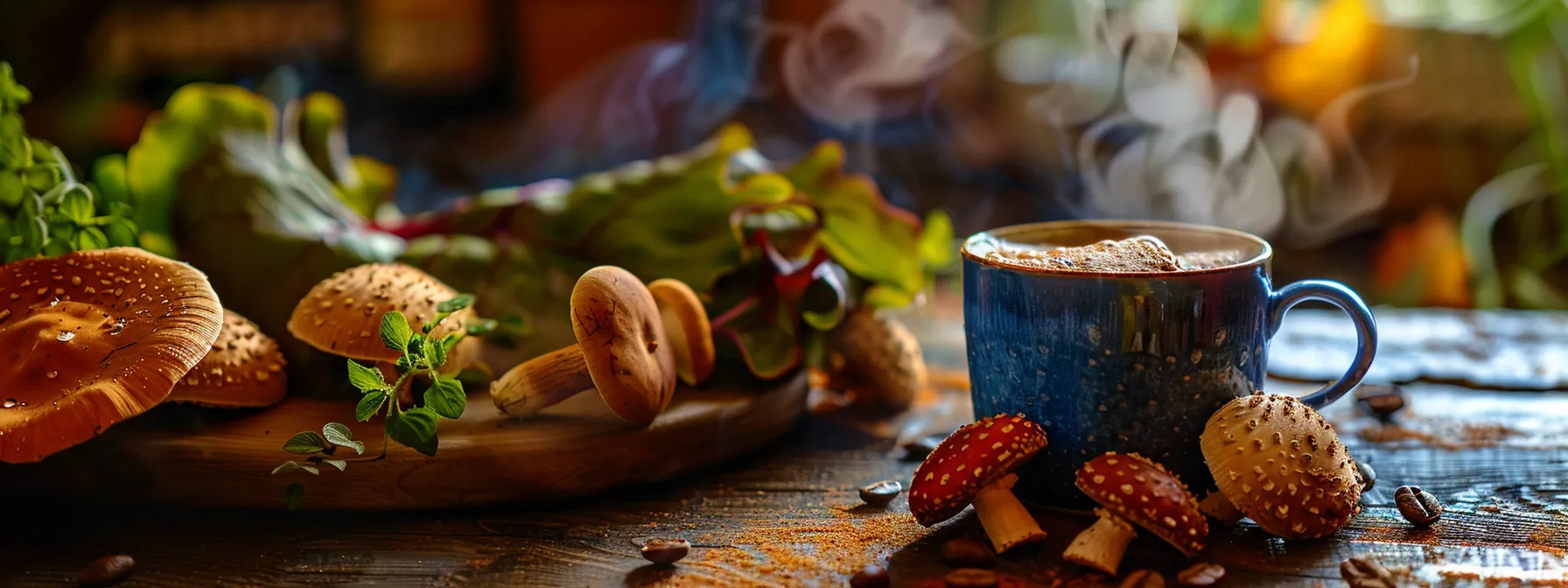 a vibrant still life of a steaming cup of mushroom coffee rests on a glossy wooden table, surrounded by fresh, colorful mushrooms and leafy greens, illuminated by soft, natural light that accentuates the earthy hues and inviting warmth of the scene.