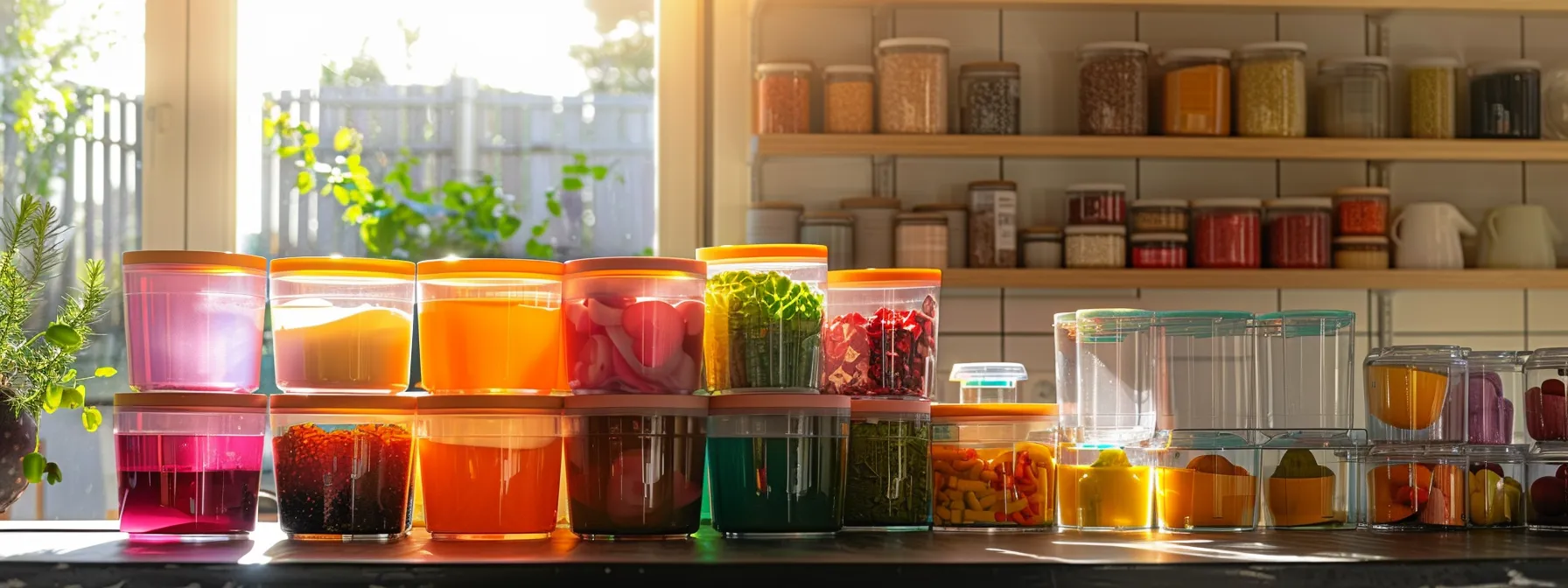 a vibrant, sunlit kitchen filled with neatly stacked containers of colorful hydration products, emphasizing the theme of bulk purchasing benefits for optimal health and cost savings.