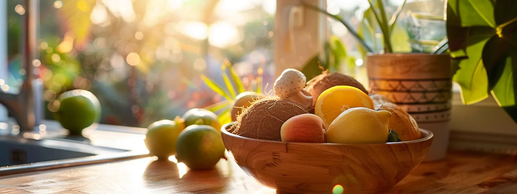 a vibrant, sunlit kitchen scene showcases a stylish bowl filled with nutrient-rich ingredients like coconut and cacao mushrooms, symbolizing the essence of intermittent fasting with a backdrop of fresh fruits and natural light streaming through a window.