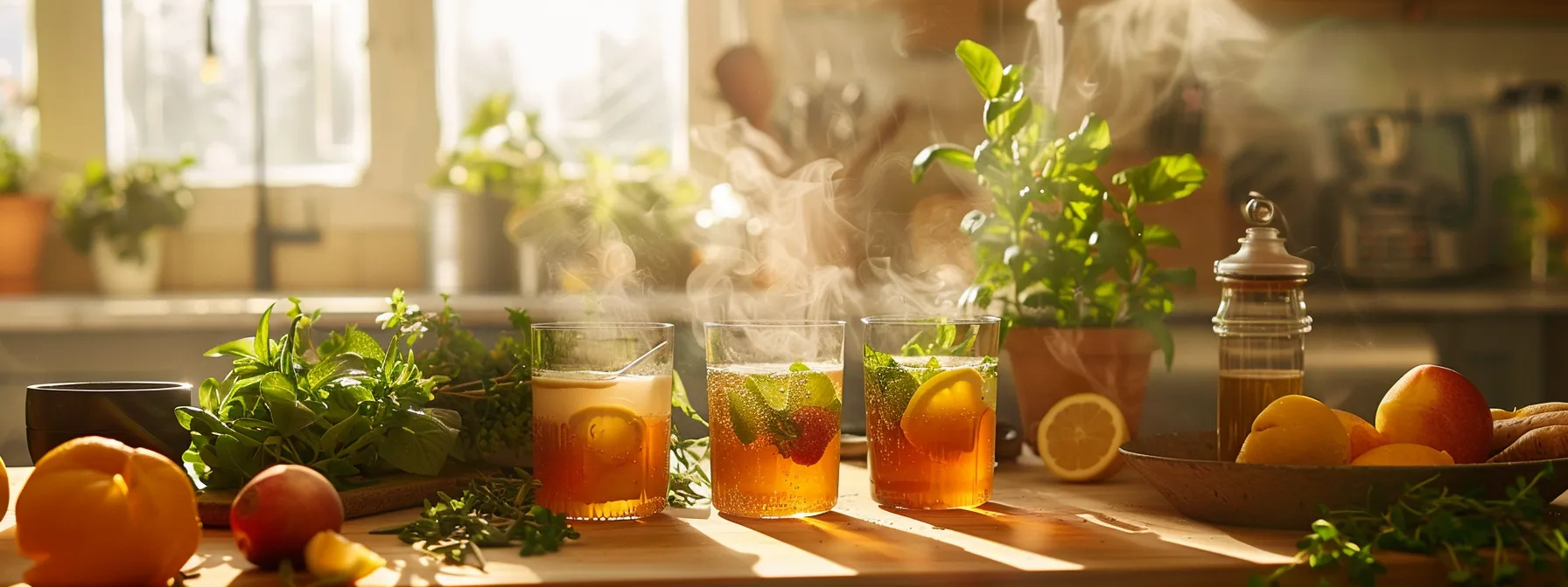 a vibrant, sunlit kitchen showcases an array of colorful, steaming caffeine-free beverages infused with honey, surrounded by fresh fruits and herbs, emphasizing their natural energy-boosting properties.
