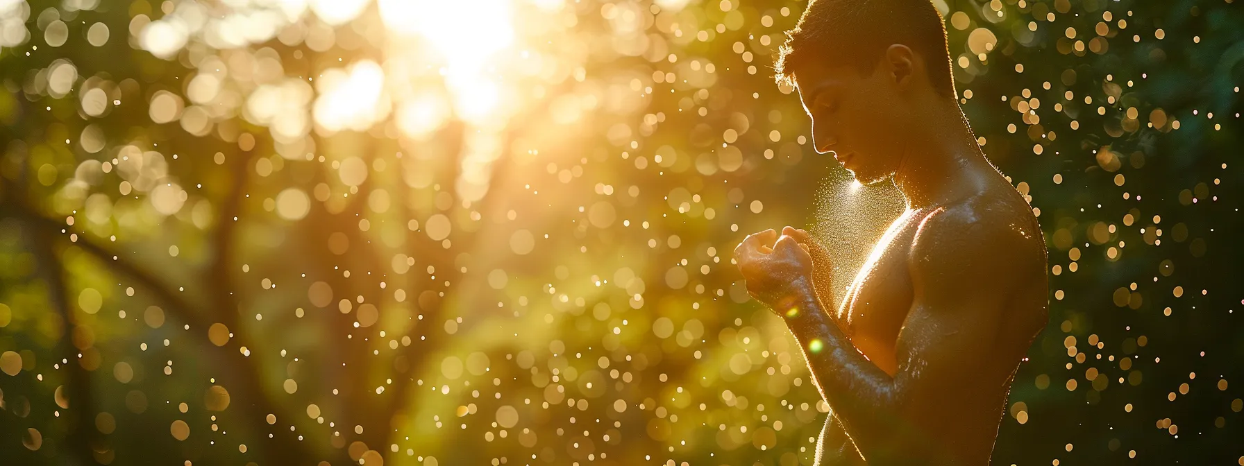 a vibrant, sunlit scene of an athlete refreshing themselves with electrolyte powder in a lush outdoor environment, embodying vitality and hydration after an intense workout.