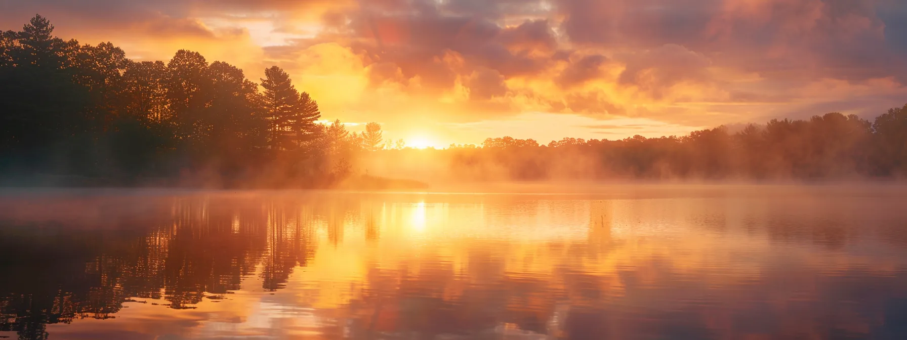 a vibrant sunrise casts golden rays over a tranquil lake, where mist swirls gently above the water's surface, reflecting the breathtaking hues of orange and pink in the sky.
