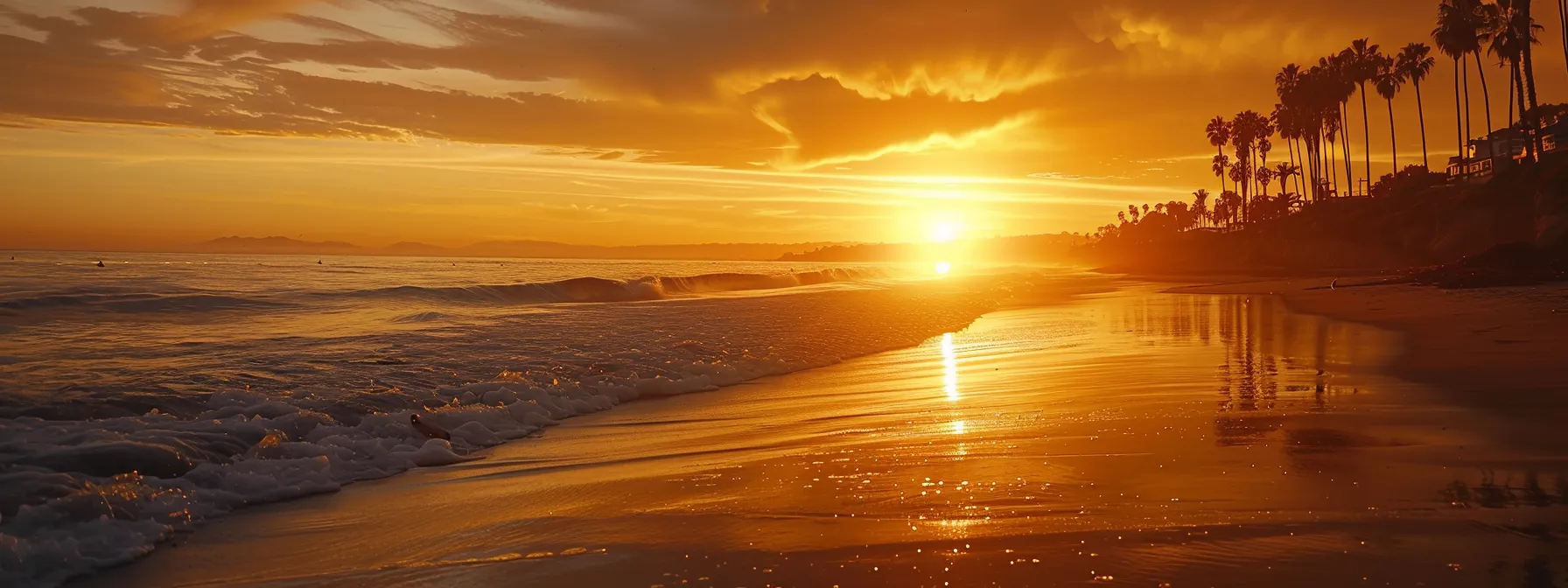 a vibrant sunset casts a golden glow over a tranquil beach, with gentle waves lapping at the shore and silhouetted palm trees framing the horizon.