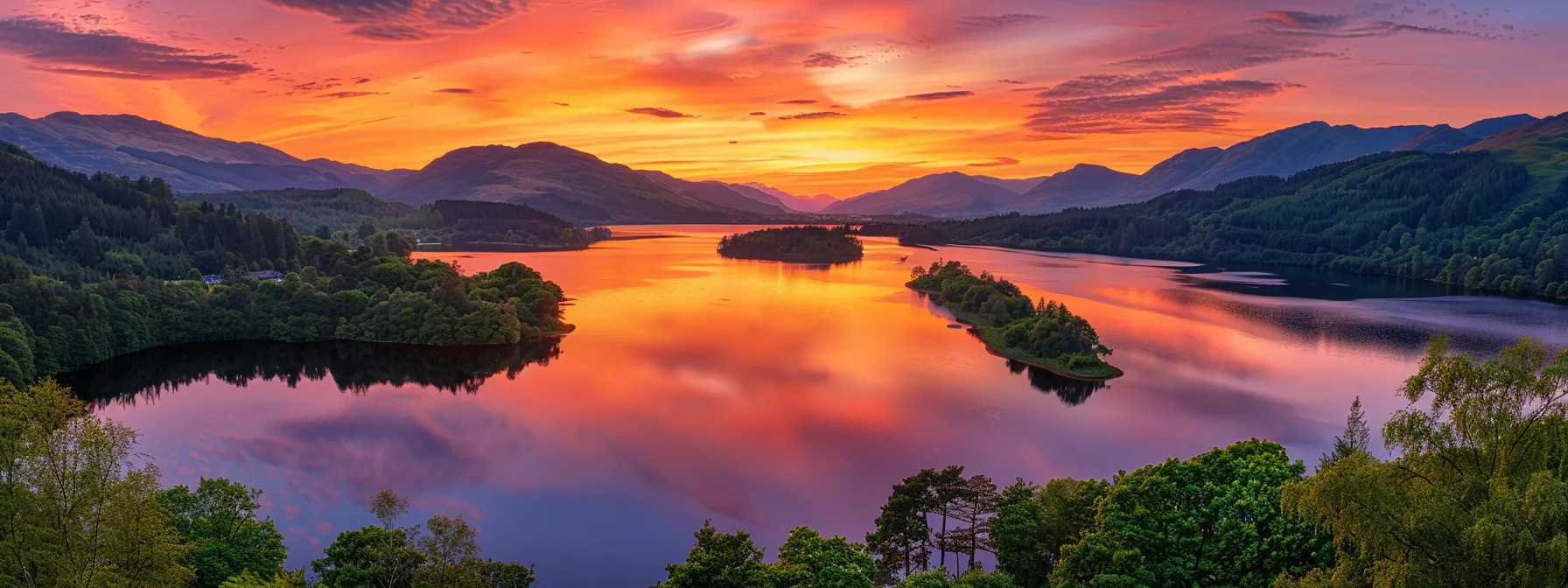 a vibrant sunset casts a golden glow over a tranquil lake, reflecting the fiery hues of orange and pink in the sky, surrounded by lush, green forests.