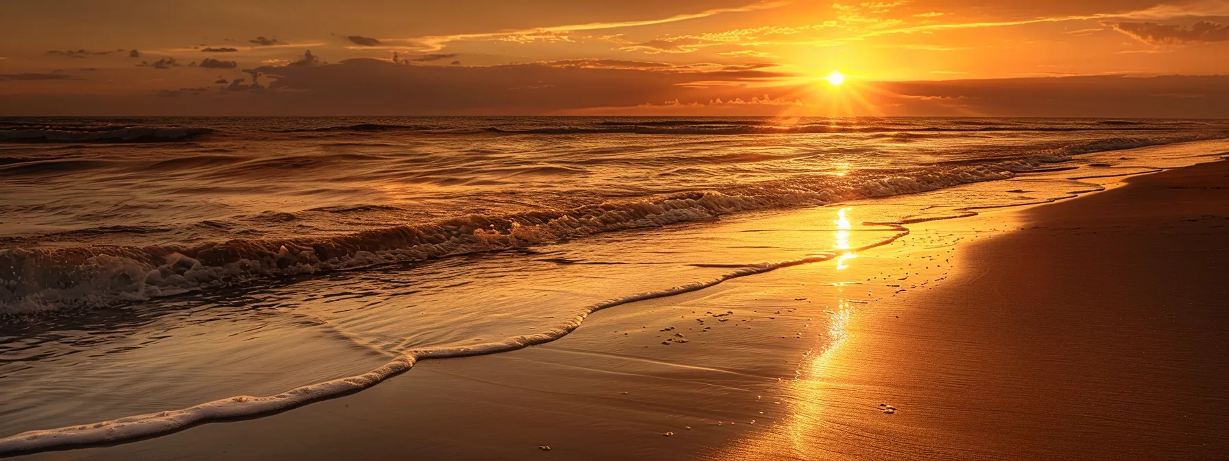 a vibrant sunset casts a golden hue over a serene, undisturbed beach, where gentle waves softly lap against smooth, glistening sand, evoking a sense of peace and tranquility.