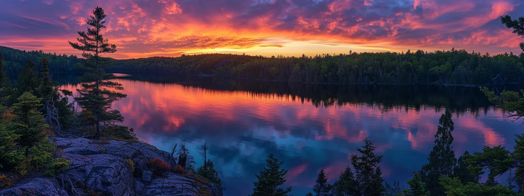 a vibrant sunset casts a golden glow over a tranquil lake, reflecting the fiery colors of the sky and surrounded by lush, verdant trees.