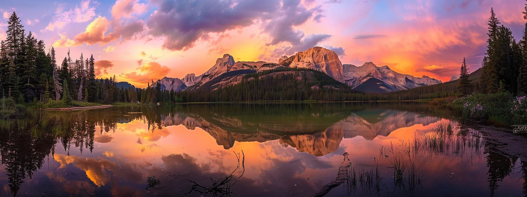a vibrant sunset casts a golden hue over a tranquil lake, reflecting an array of fiery colors in the still water, framed by shadowy silhouettes of majestic mountains in the background.