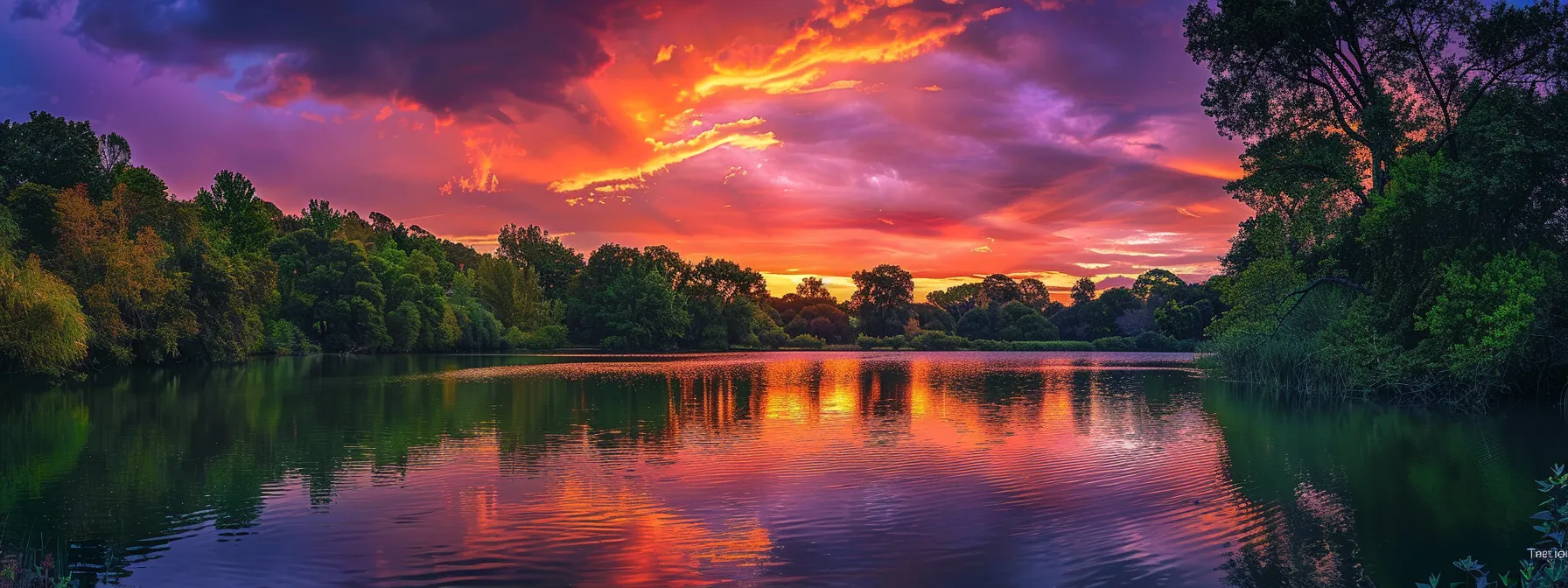 a vibrant sunset casts a warm glow over a serene lake, reflecting the brilliant oranges and purples of the sky, framed by lush green trees, creating an enchanting atmosphere of tranquility.