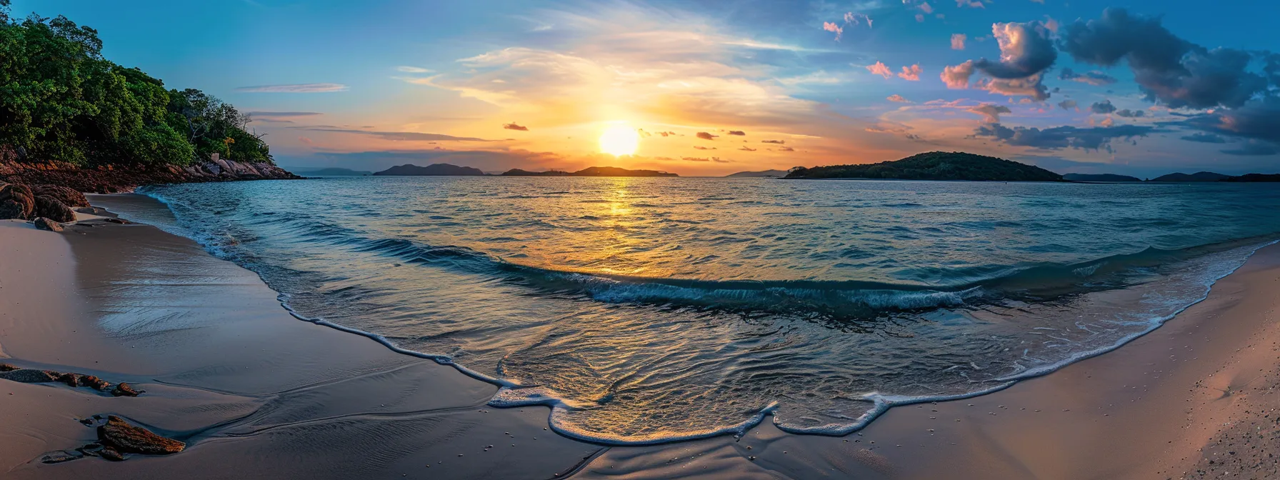 a vibrant sunset casts a warm glow over a tranquil beach, where gentle waves ripple against the shore, creating a serene atmosphere of peace and reflection.