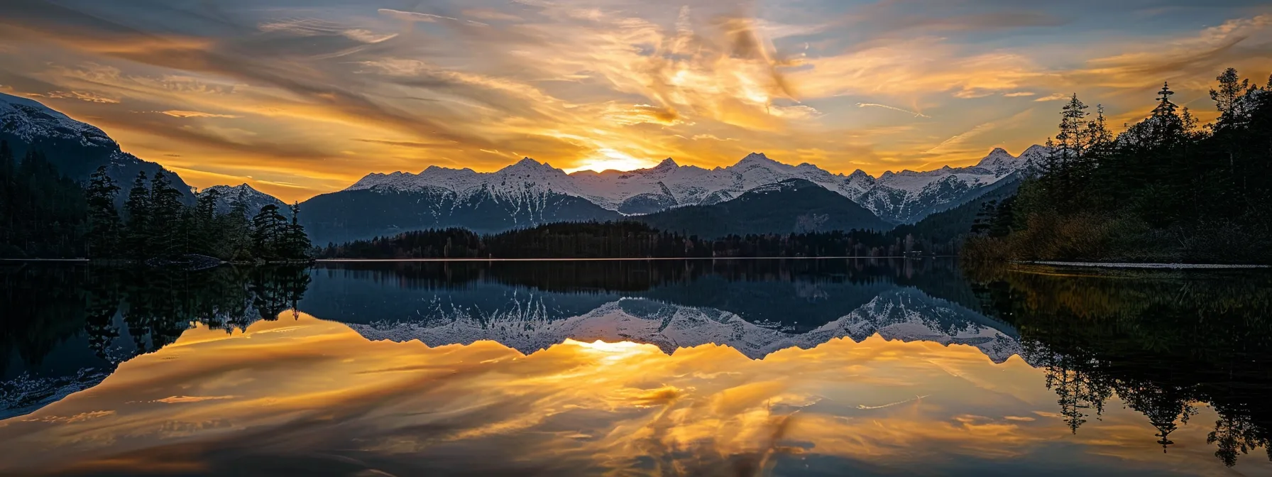 a vibrant sunset casts a golden glow over a serene lake, where majestic mountains reflect perfectly on the water’s surface, creating a breathtaking harmony of nature.