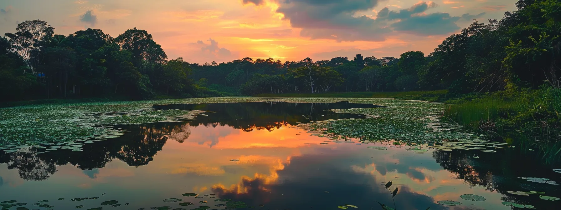 a vibrant sunset casts a warm golden glow over a tranquil lake, reflecting the colorful sky and surrounded by lush greenery, creating a serene and captivating landscape.