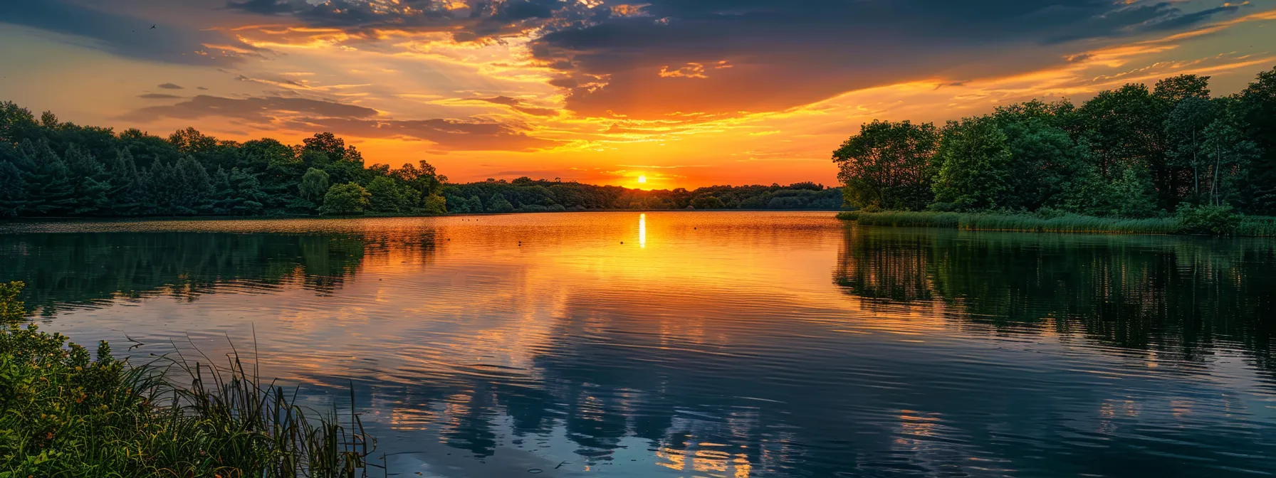 a vibrant sunset casts a warm golden glow over a tranquil lake, reflecting the fiery hues of the sky and surrounded by lush greenery, creating a serene and captivating atmosphere.