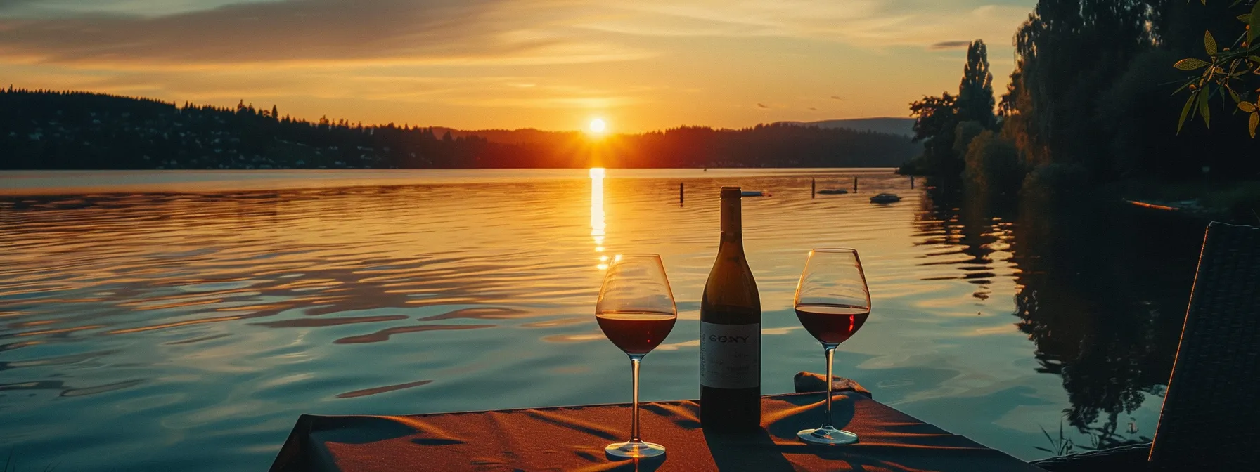 a vibrant sunset casts a golden glow over a serene lake, where lush trees reflect perfectly on the tranquil water's surface.