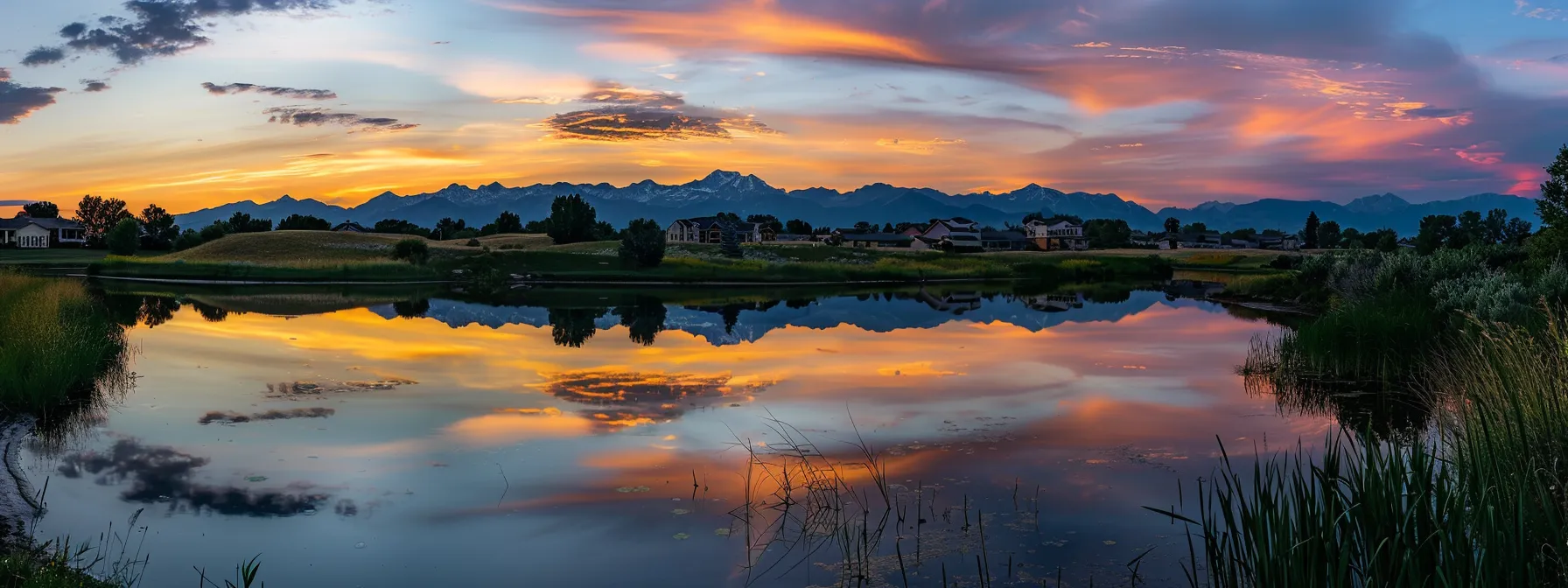 a vibrant sunset casts a warm golden glow over a tranquil lake, reflecting the colorful hues of the sky while silhouetted mountains rise majestically in the background.