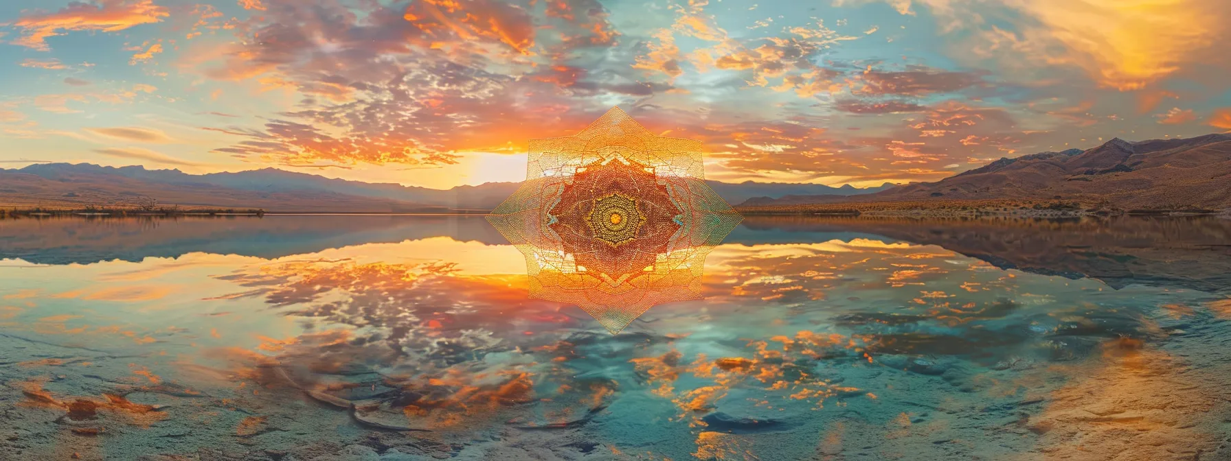 a vibrant sunset casts a golden glow over a tranquil lake, with rich reflections of the colorful sky mirrored in the crystal-clear water.