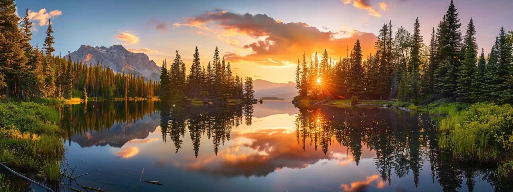 a vibrant sunset casts a golden glow over a serene lake, reflecting the warm hues in shimmering ripples while tall silhouettes of pine trees frame the tranquil landscape.