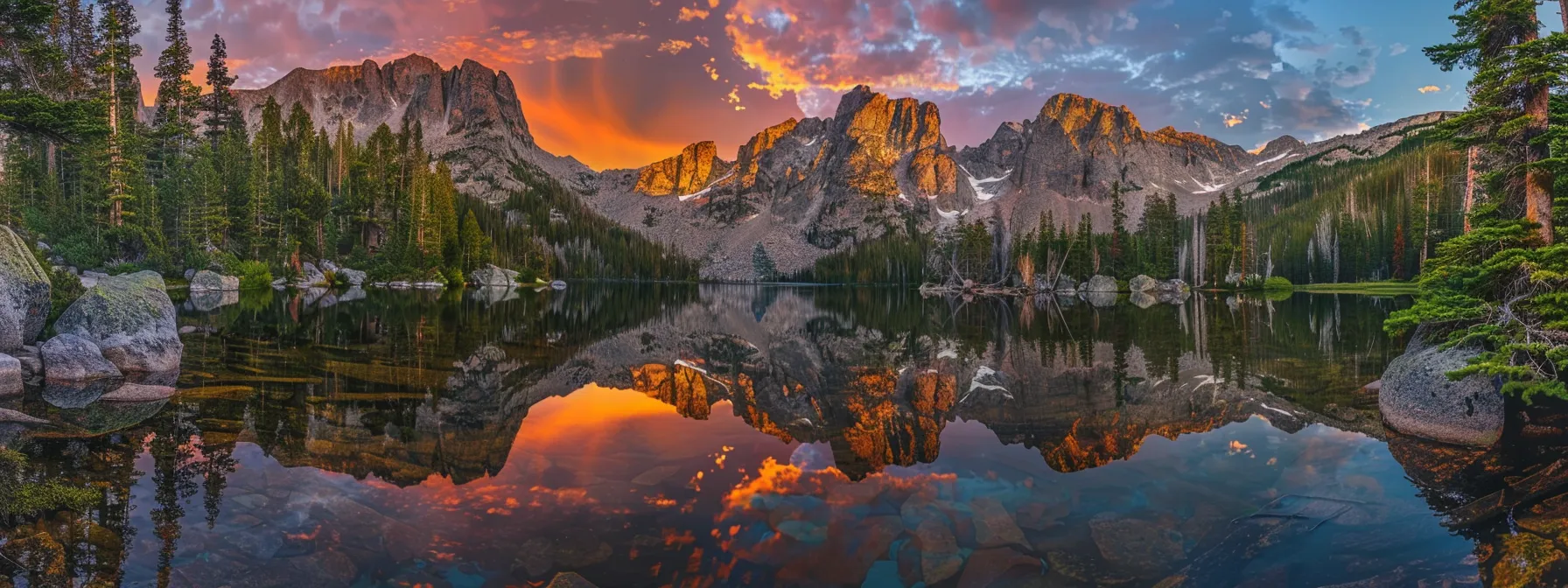 a vibrant sunset casts a golden glow over a serene lake, where towering mountains are mirrored in the still water, creating a breathtaking harmony of nature's colors and reflections.