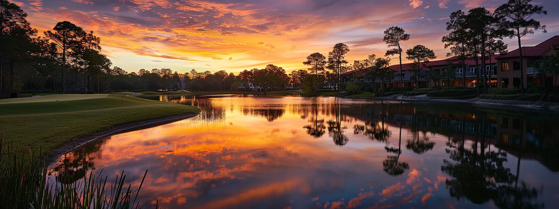 a vibrant sunset casts a golden hue over a tranquil lake, reflecting the colorful sky and silhouetted trees along the water's edge, creating a serene and captivating atmosphere.