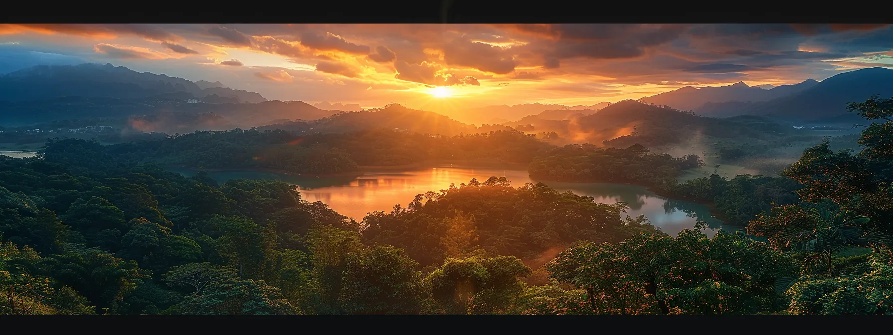 a vibrant sunset casts a golden glow over a serene lake, reflecting the rich colors of the sky and surrounding lush greenery, evoking a sense of tranquility and natural beauty.