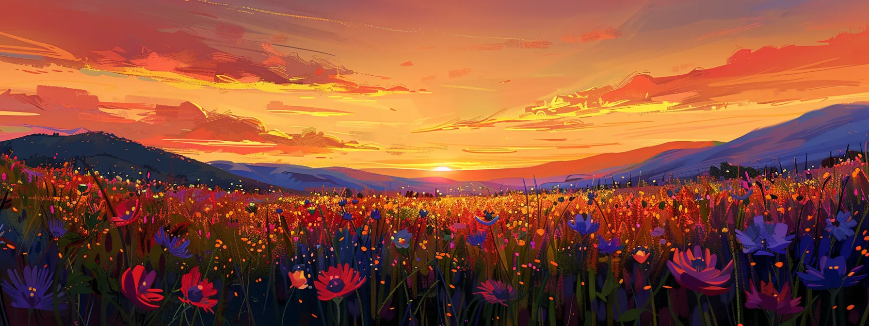a vibrant sunset casts a warm golden glow over an expansive field of wildflowers, where the rich colors of blossoms contrast strikingly against the deepening evening sky.