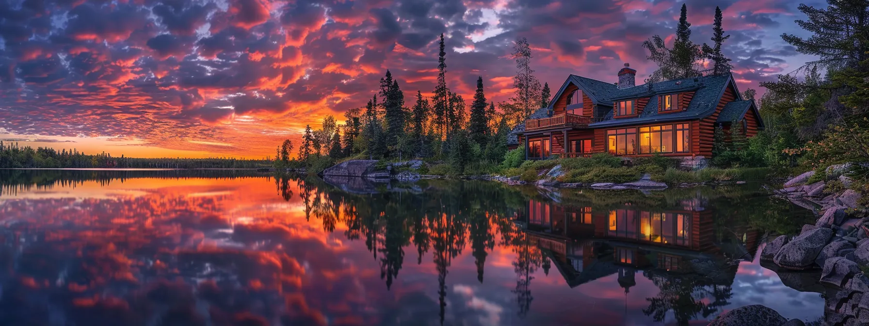 a vibrant sunset casts an array of rich oranges and purples across a serene lake, reflecting the dramatic sky and punctuated by silhouetted trees on the shoreline.