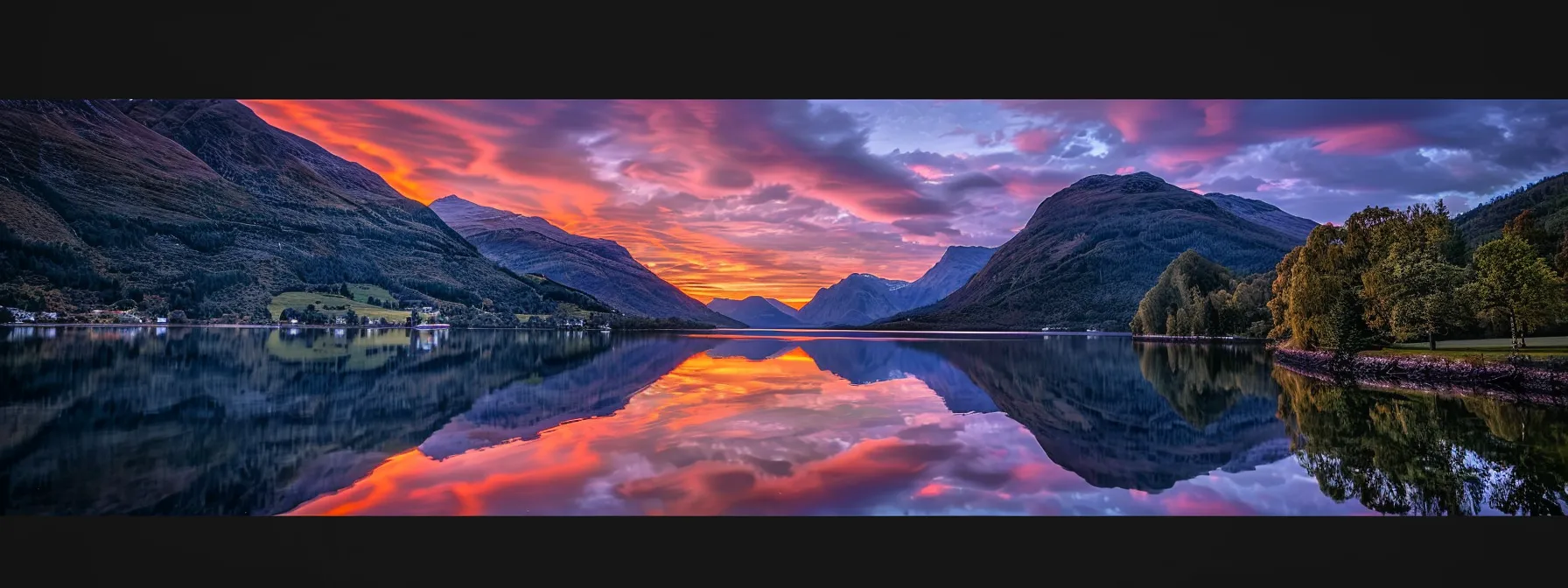 a vibrant sunset casts brilliant hues of orange and purple over a tranquil lake, reflecting the serene beauty of undisturbed nature.