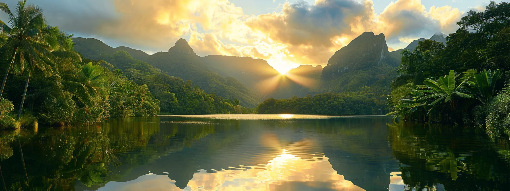 a vibrant sunset casts golden hues over a serene mountain lake, with crystal-clear reflections of towering peaks and lush, green forests surrounding the tranquil water.