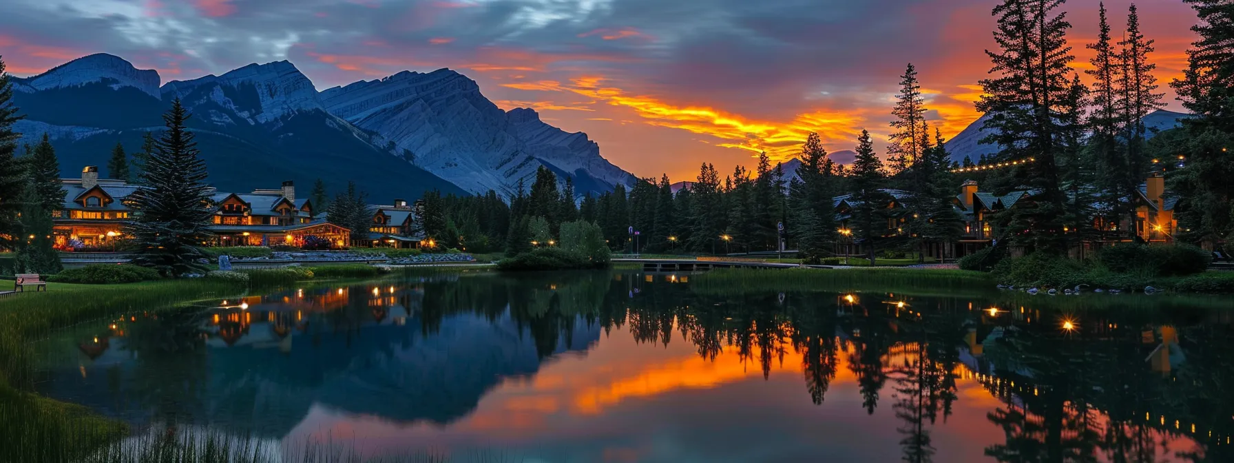 a vibrant sunset casts golden hues over a tranquil lake, reflecting the silhouettes of towering pine trees against a backdrop of majestic mountains.