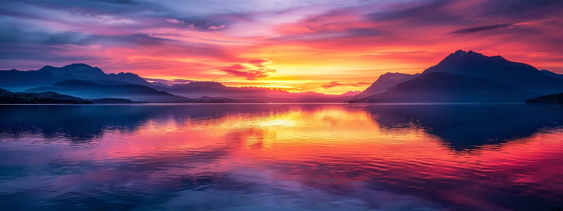 a vibrant sunset casts golden hues across a tranquil lake, with majestic mountains silhouetted against the colorful sky, embodying serene beauty and natural wonder.