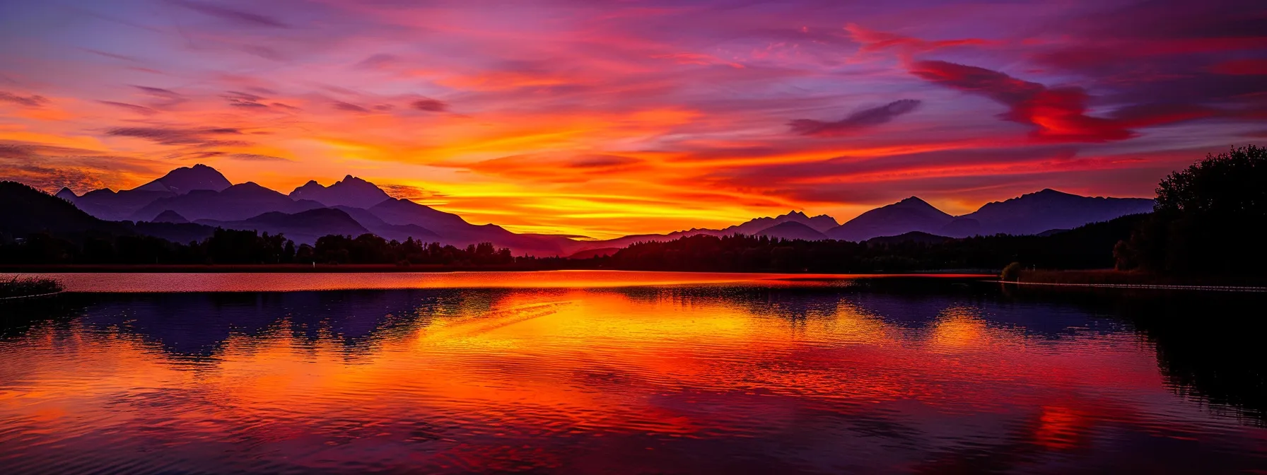 a vibrant sunset casts golden rays over a tranquil lake, reflecting a spectacular palette of oranges, pinks, and purples in the water, while silhouetted mountains rise majestically in the background.