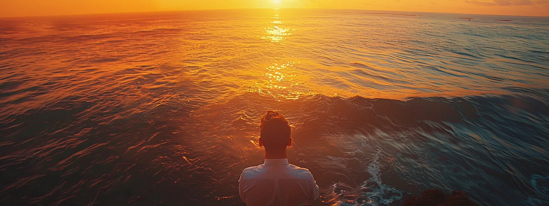 a vibrant sunset casts rich hues across an expansive ocean, where gentle waves reflect shimmering golds and deep purples, evoking a serene sense of tranquility.