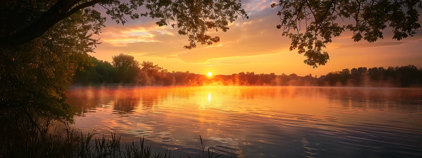 a vibrant sunset casts warm hues over a serene lake, with mist gently rising from the water and silhouetted trees framing the tranquil scene.