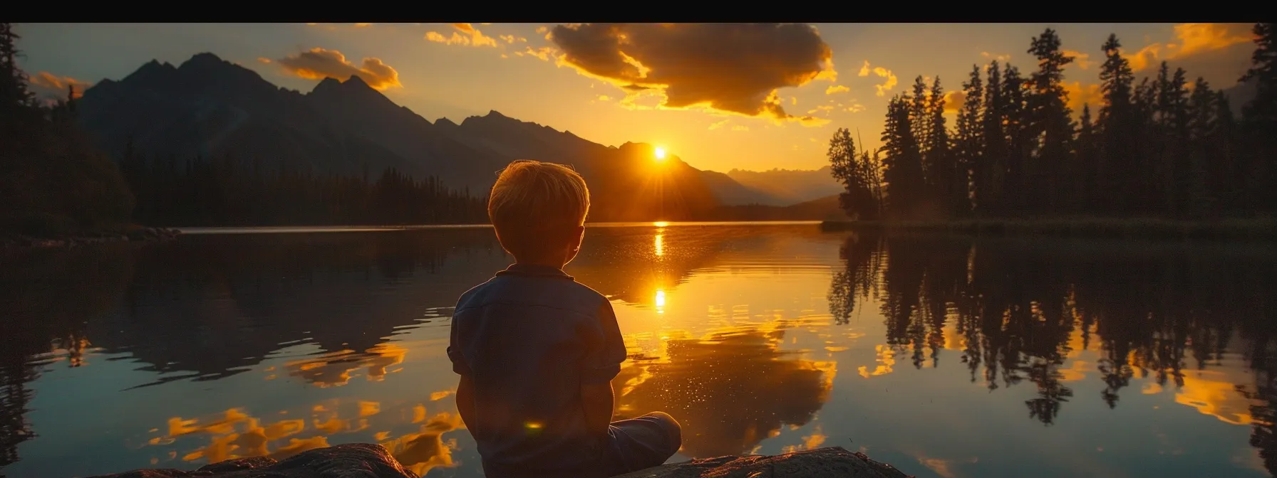 a vibrant sunset casts warm golden hues over a tranquil lake, reflecting the majestic silhouettes of distant mountains under a dramatic sky filled with swirling clouds.