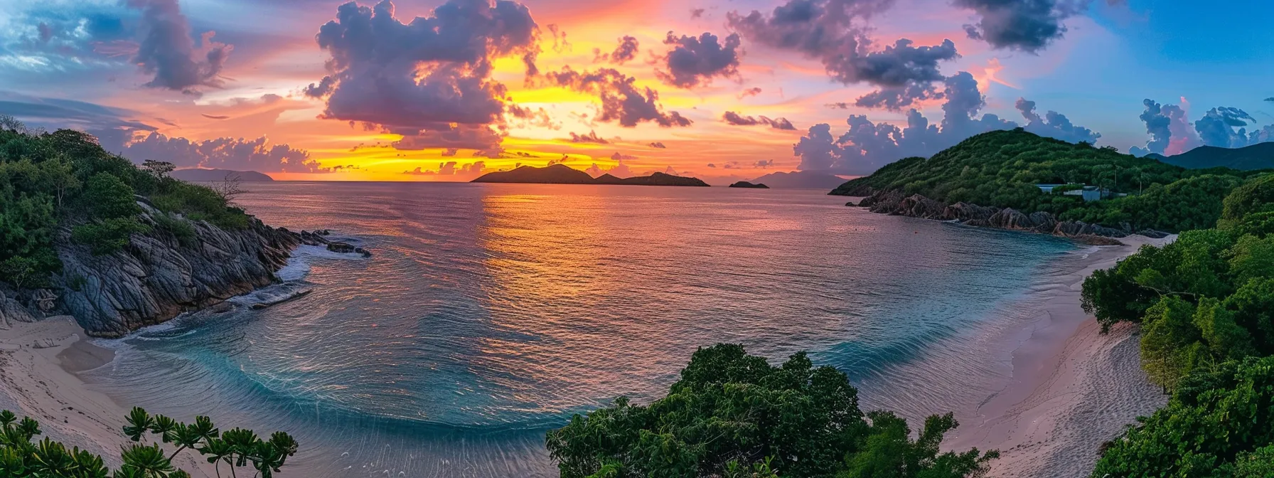 a vibrant sunset illuminates a serene coastal landscape, where gentle waves lap at the shore beneath a sky painted in brilliant shades of orange and pink.