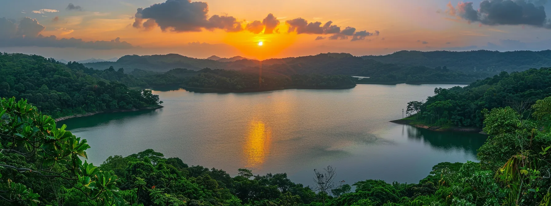a vibrant sunset over a tranquil lake reflects the fiery hues of the sky, surrounded by lush greenery, creating a serene and enchanting atmosphere.