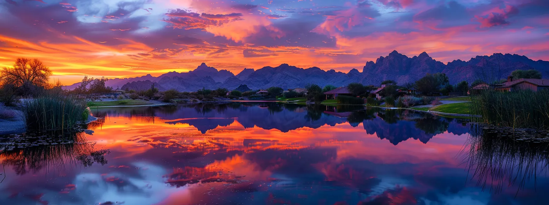 a vibrant sunset paints the sky in hues of orange and purple, casting a serene glow over a tranquil lake reflecting the silhouette of towering mountains in the distance.