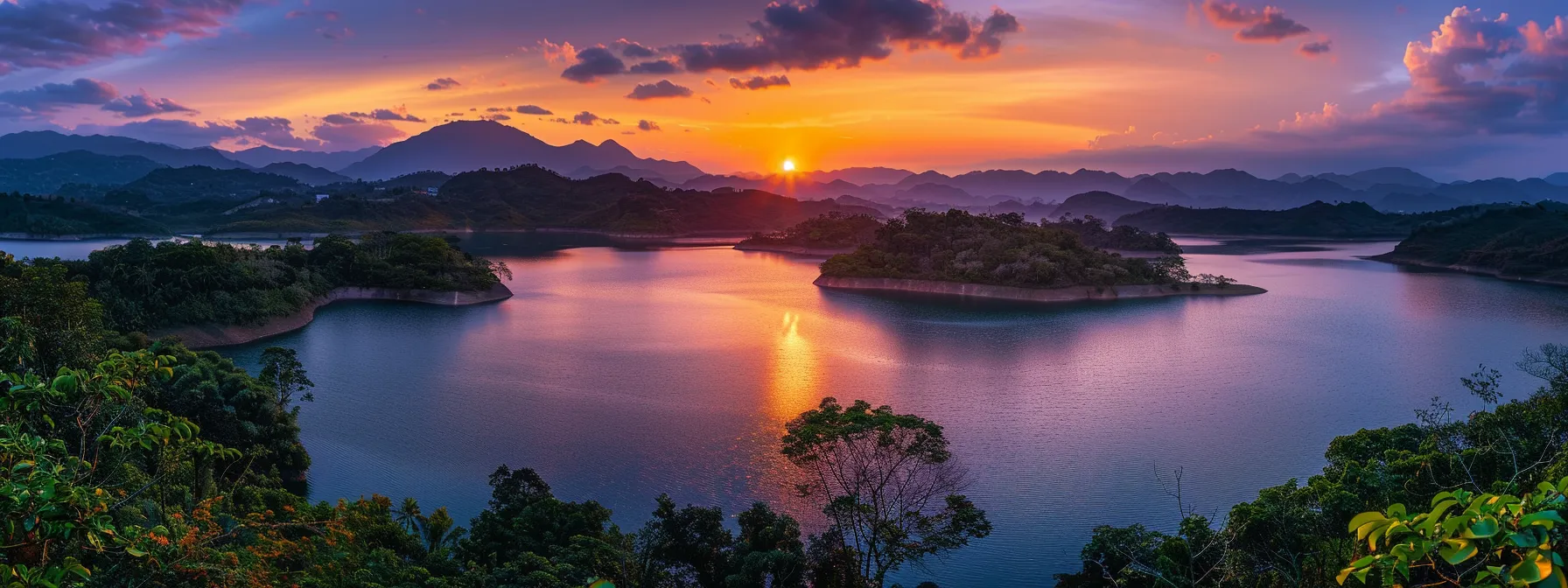 a vibrant sunset paints the sky in brilliant shades of orange and purple, casting a warm glow over a serene lake surrounded by lush mountains.