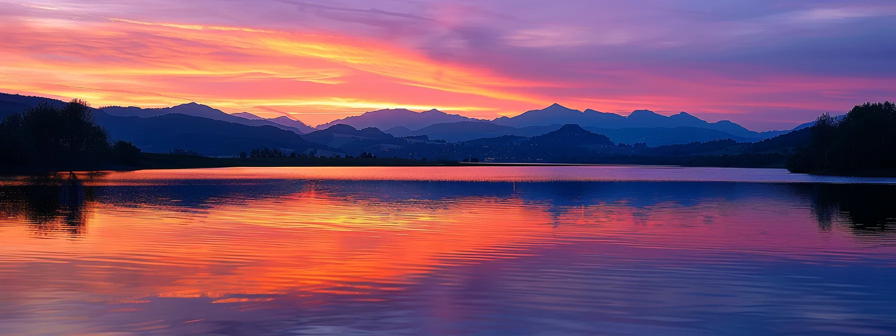 a vivid sunset casts dramatic hues of orange and pink over a serene lake, where reflected silhouettes of ancient mountains create a stunning backdrop, evoking tranquility and awe.