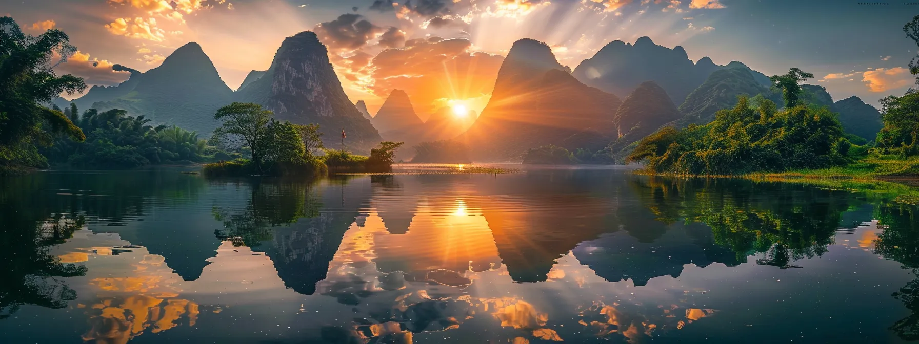 an ethereal sunrise bathes a serene lake in golden light, casting vibrant reflections of towering mountains and lush greenery in the tranquil waters.