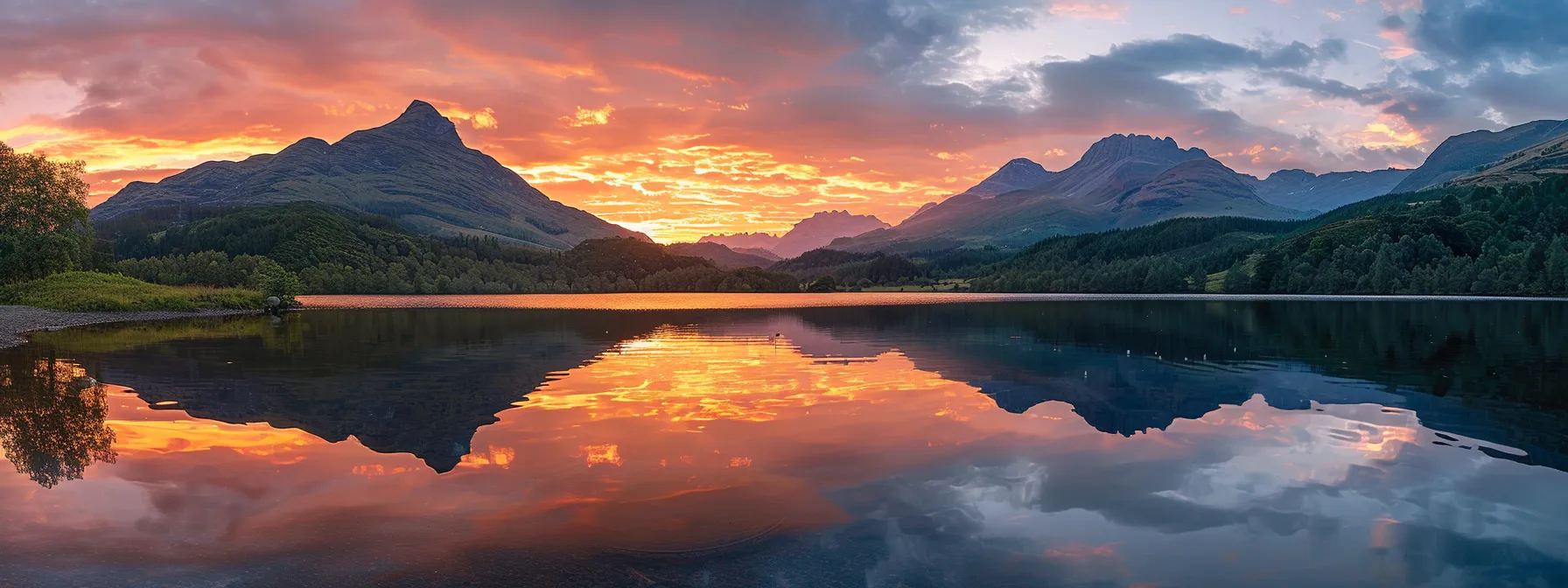 a breathtaking sunrise casts golden light over a serene lake, reflecting vibrant hues of orange and pink while towering mountains stand majestically in the background.