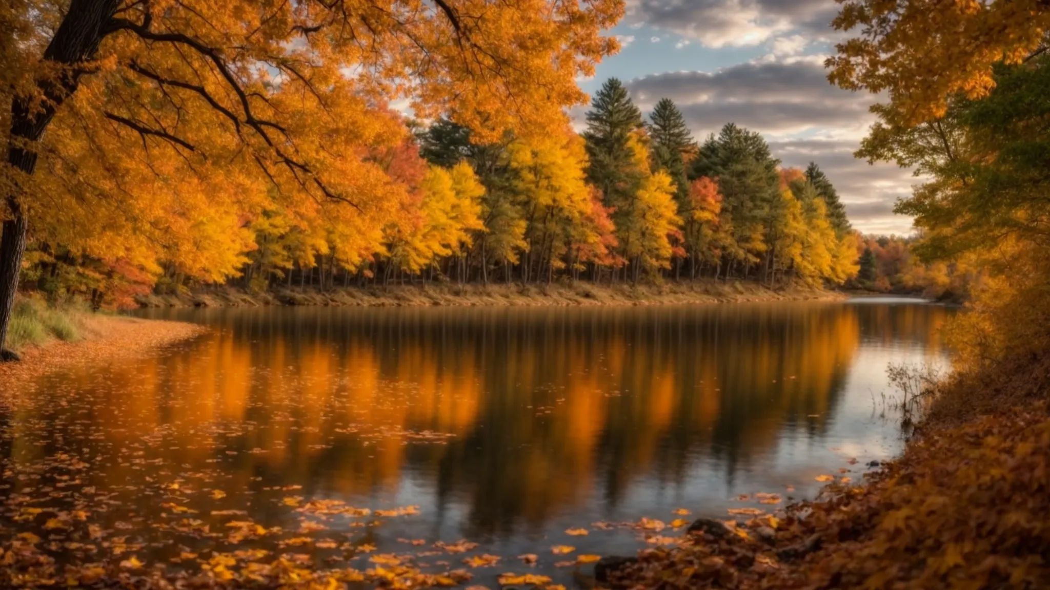 a breathtaking sunset casts a warm golden glow over a tranquil lake, framed by vibrant autumn foliage reflecting on the water's surface, creating a serene and picturesque landscape.
