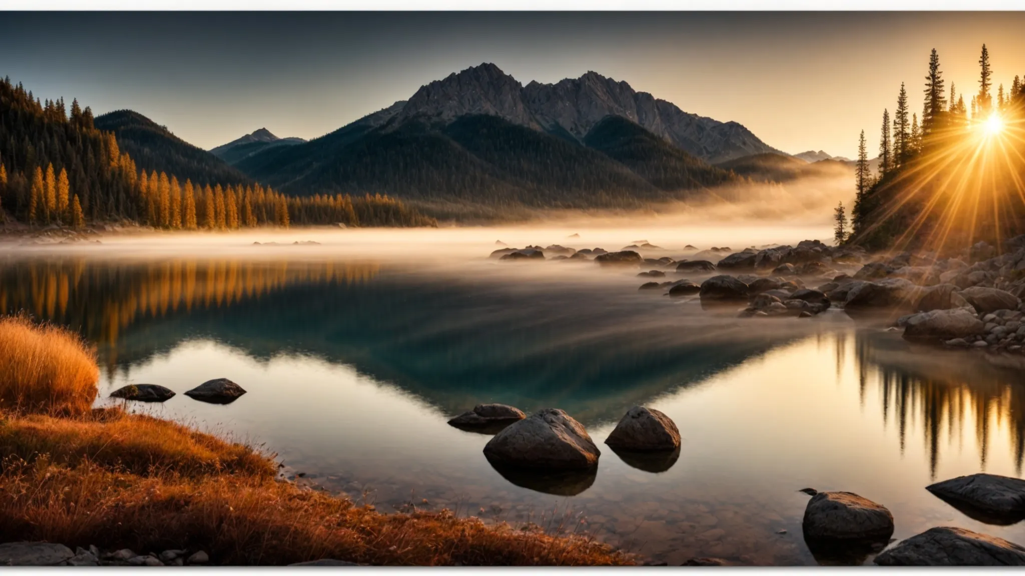 a radiant sunrise bathes a serene lake in golden hues, with mist rising from the water's surface, surrounded by majestic mountains that reflect the vibrant colors of dawn.