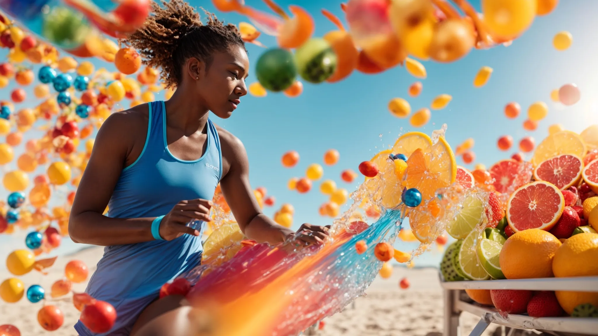 a vibrant athlete in motion, surrounded by colorful electrolyte drinks and fresh fruits, embodies the essence of personalized hydration and vitality under a sunlit blue sky.
