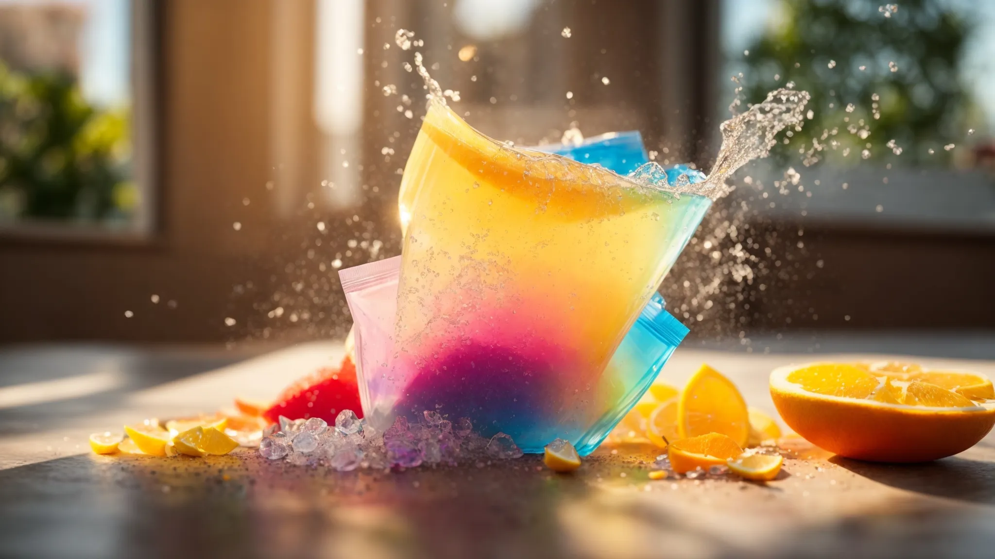 a vibrant, close-up image of powder electrolyte packets spilling open, their colorful contents reflecting the sunlight, surrounded by fresh fruits and a glass of water to emphasize hydration and wellness.