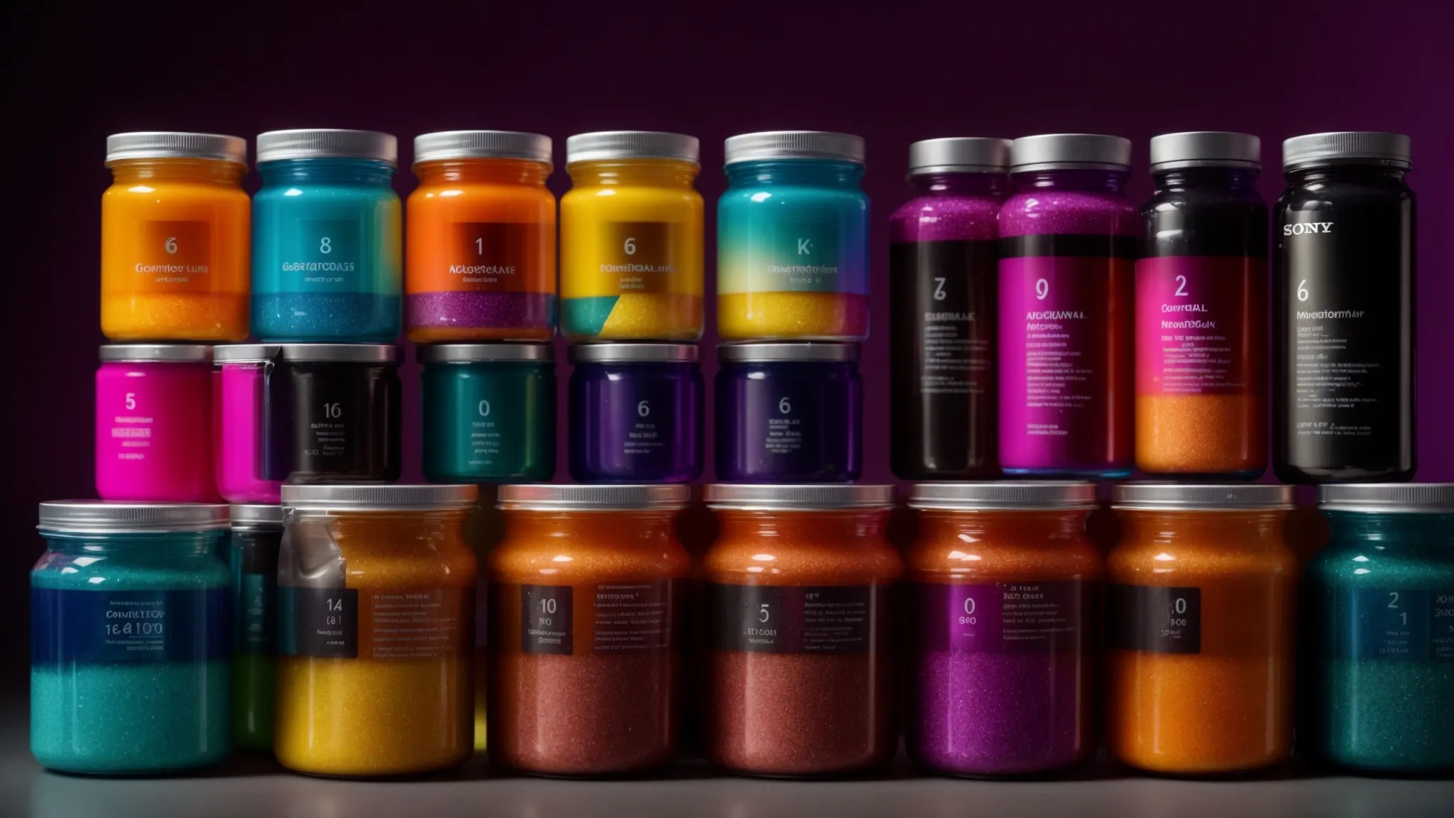 a vibrant close-up of assorted electrolyte powders in colorful containers, highlighting the rich hues of minerals like potassium and magnesium, contrasted with sugar crystals, all against a sleek black background to emphasize their role in enhancing hydration and performance.
